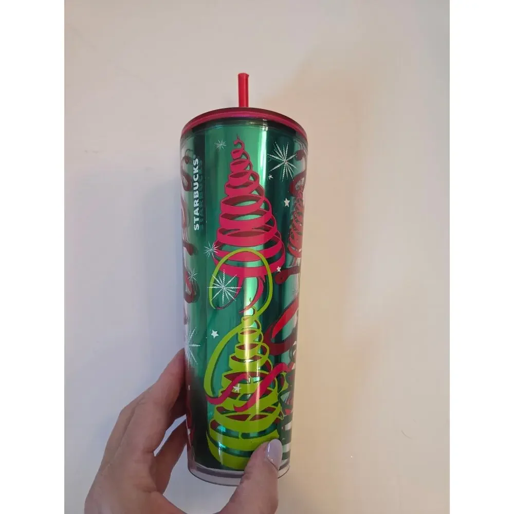 Starbucks Holiday 2023 Ribbon Trees Venti Cold Tumbler in Emerald Green Red Lid